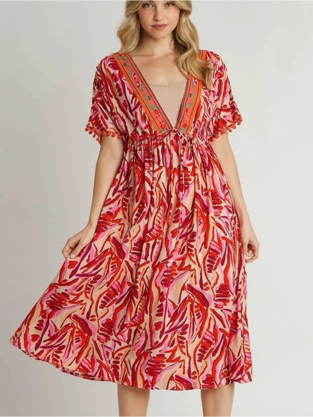 NWT Umgee Vibrant Pink/Red Midi Dress w/ Embroidered Trim and Poms at Sleeves.